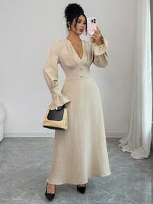 Siren Gaze Vestido de campana de unicolor elegante para mujer - Albaricoque - Ver 3