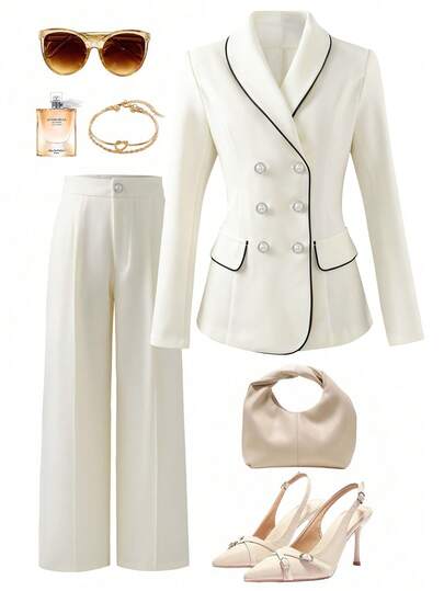 SHEIN Franclia Women's Autumn/Winter Suit Set, Casual, Formal Occasions, High-End Commuter Set Outfit For Women Elegant Business Casual Woman Set White Suit For Women Professional Outfits For Women White Suits For Woman