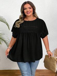 SHEIN CURVE+ Áo sơ mi Dolman ren tương phản cỡ lớn của Thụy Sĩ - màu đen - Xem 9