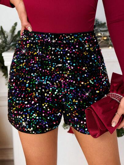 SHEIN Clasi 女士优雅亮片装饰高腰短裤，适合春、夏、秋、冬派对、约会、晚会