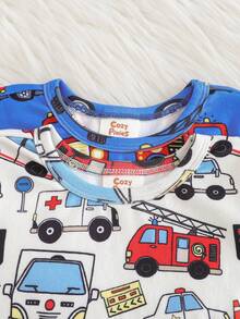 Cozy Pixies 4pcs Baby Boy Snug Fit Pajama Set, Cartoon Car Print Soft Knit Crew Neck Long Sleeve Top And Elastic Waist Long Pants - Blue - View 4