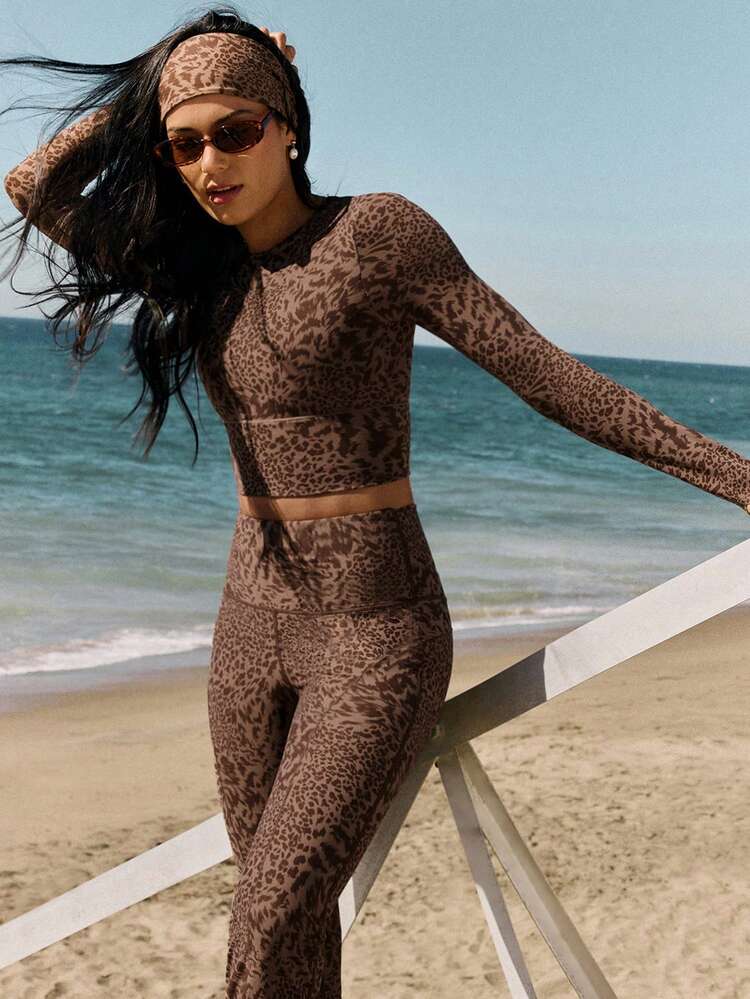 FeatherFit™ Leopard Criss Cross Backless Cropped Sports Long Sleeve Tee Low Impact Yoga Pilates Daily