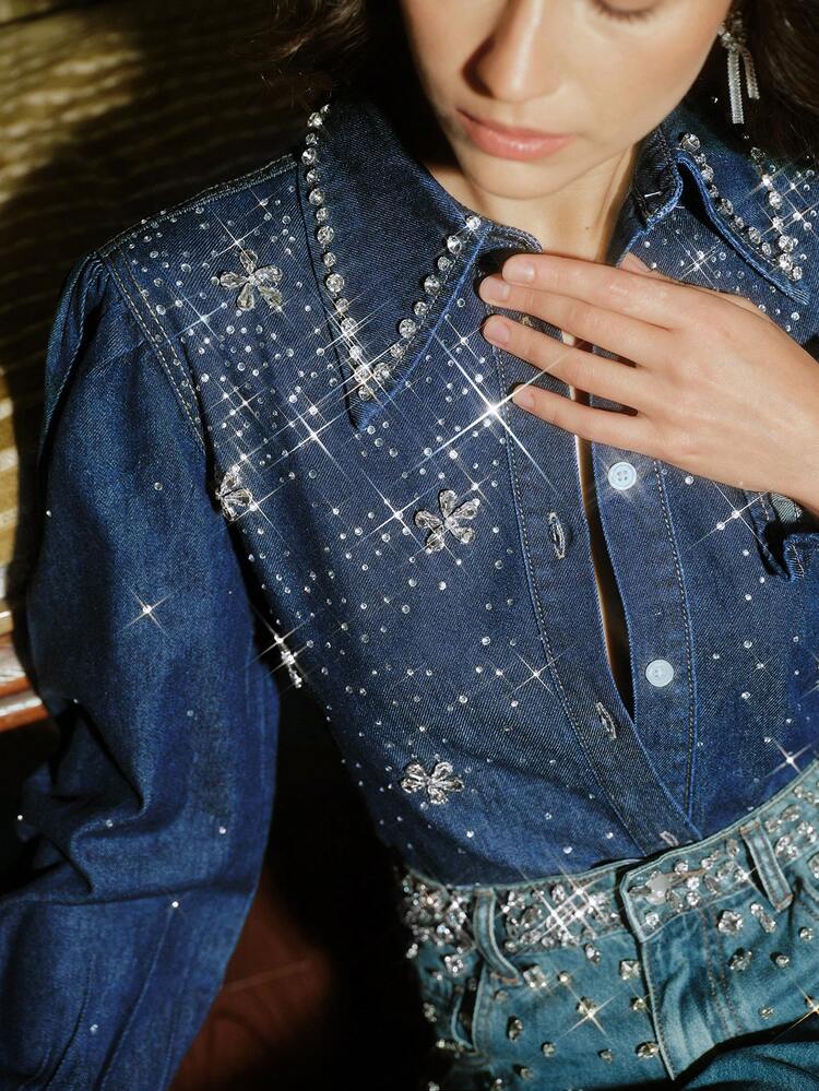 Women's Sparkling Diamond Fashionable Clothing Blue Shirt, Suitable For Dates In Autumn/Winter