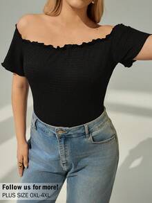 Auralis Plus Size Women's Fashionable Elegant Off Shoulder Frill Trim T-Shirt - Black - View 1
