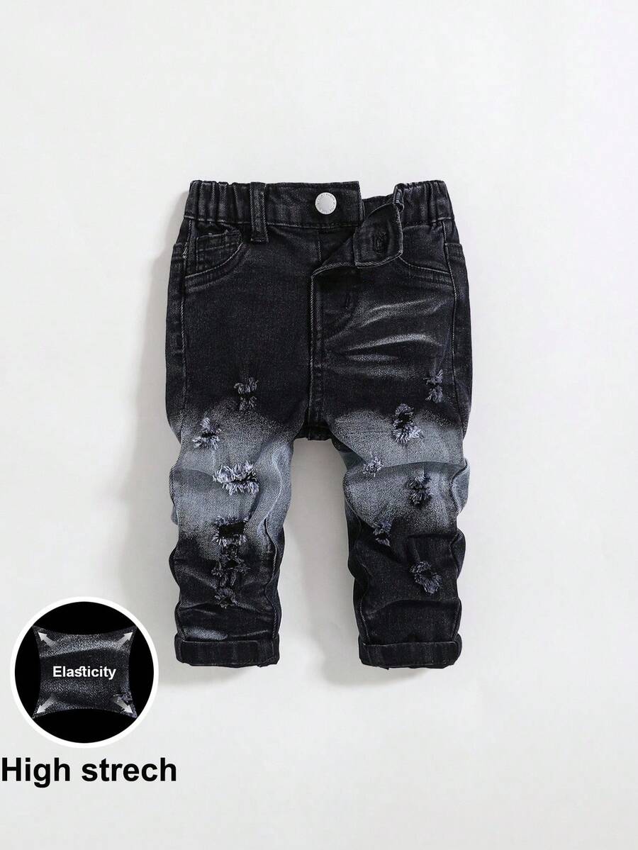 SHEIN Quần jeans đen co giãn cao cấp, bạc màu, rách tua rua thời trang cho bé trai, thích hợp mặc ngoài trời và hàng ngày vào mùa thu/đông. - màu đen - Xem 1