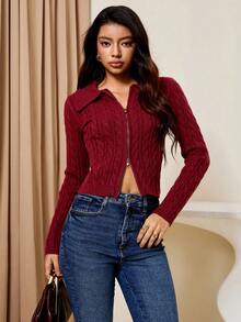 Lyxana Women's Turndown Collar Zipper Front Cable Knit Cardigan - Burgundy - View 8