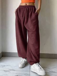 DAZY Women's Loose Drawstring Waist Ankle Cuffed Long Sweatpants Y2k - Burgundy - View 4