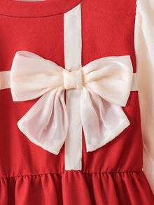 Young Girls' Patchwork Puff Sleeve Dress With 3D Bow Cuff Ruffle Trim, Suitable For Vintage Elegant Daily Wear - Multicolor - View 6