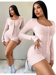 SHEIN SXY Women's U-Neck Front Button Khaki Bodysuit With Long Sleeves,Fall ,Winter, - Khaki - View 1