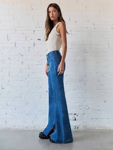 Nöista Aqua Blue Flared Jeans With Front Pocket Design & Subtle Hem Slit,High Rise Summer Casual Occasion Pants For Everyday Wear & Relaxed Spring Styling - Blue - View 3