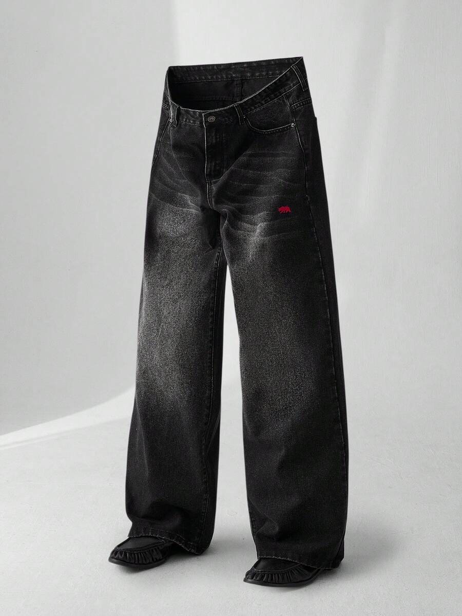 ESTAVOR 男士休闲日常水洗猫须斜口袋喇叭牛仔裤 - 黑色 - 查看 1