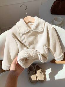 SHEIN Unisex Baby Khaki Patchwork Fluffy Thickened Suit Collar Jacket, Suitable For Baby Boys And Girls In Autumn/Winter - Apricot - View 7