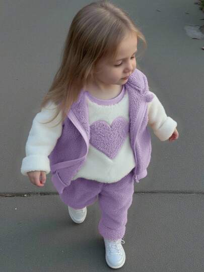 3 件套女婴服装套装：连帽羊毛夹克、心形印花撞色圆领长袖上衣和松紧腰裤