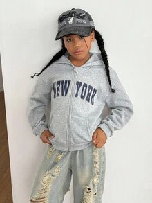 Kleine Mädchen Jacke mit englischen Buchstaben-Muster, Kontrast-Farbige Buchstaben-Muster Mischung im Streetstyle, warmes Strickgewebe geeignet für Herbst/Winter, leicht oversized Passform für Wachstumsraum, energiegeladener Campus & Street-Style! - Grau - Übersicht 6
