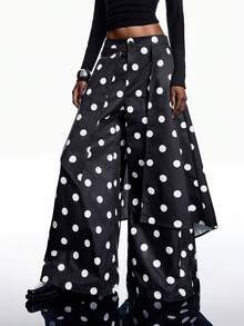 LYSMO 女士波尔卡圆点印花宽松阔腿复古时尚裤 - 黑與白 - 查看 3