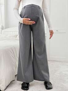 SHEIN Maternity Casual Everyday Commute Solid Color Zip Fly Loose Wide Leg Pants - Dark Grey - View 5