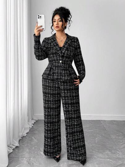 Elenzga 大码女士优雅通勤夹克和裤子两件套，秋冬