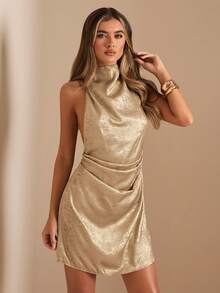 SHEIN BAE Váy xếp ly mini màu mơ hở lưng cao cấp tối giản, váy dự tiệc cho nữ, trang phục câu lạc bộ gợi cảm cho nữ - Vàng - Xem 3