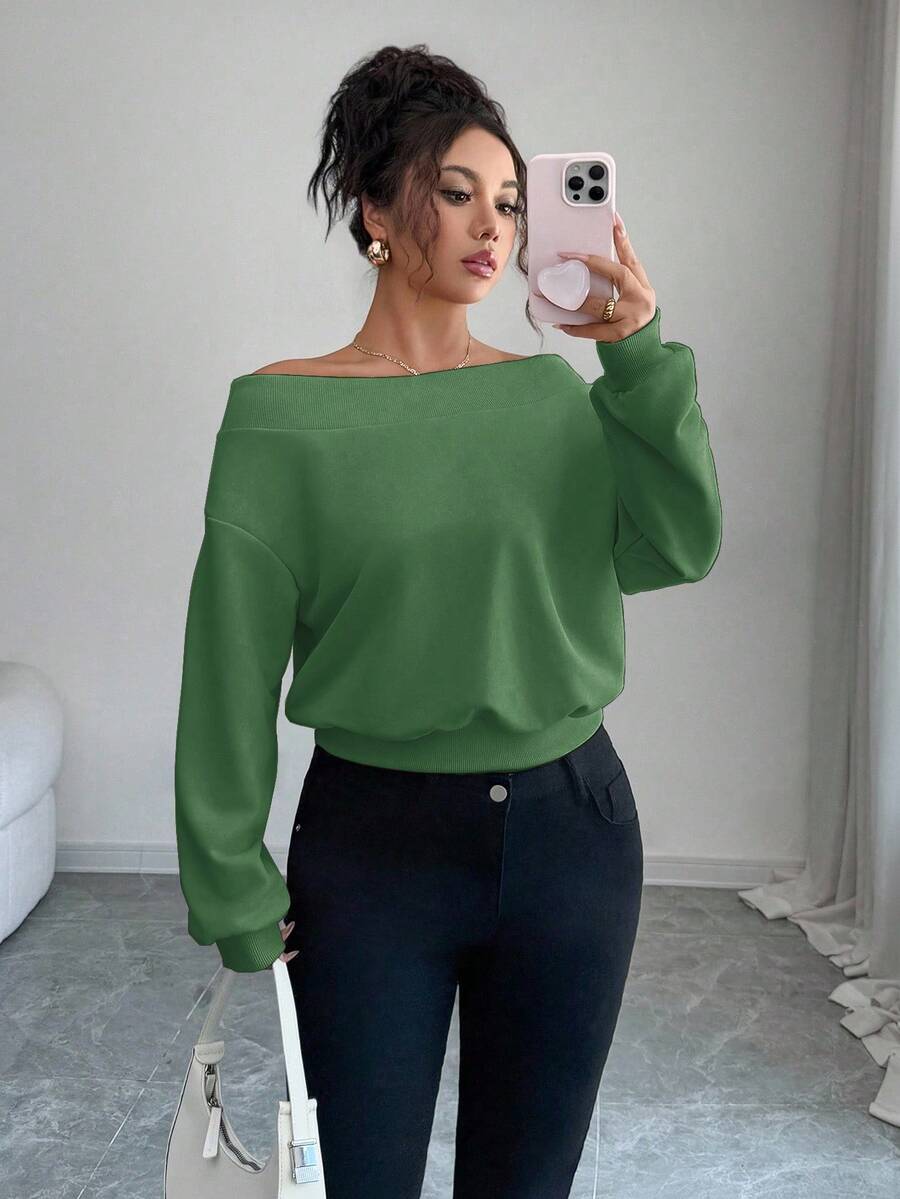 SHEIN Elenzya Elegante y romántica sudadera con hombros descubiertos, adecuada para vacaciones y viajes - Verde - Ver 1