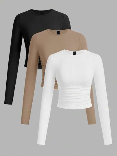 SHEIN EZwear Set de 3 camisetas de manga larga con cuello redondo y fruncido de unicolor casual para mujer, otoño/invierno