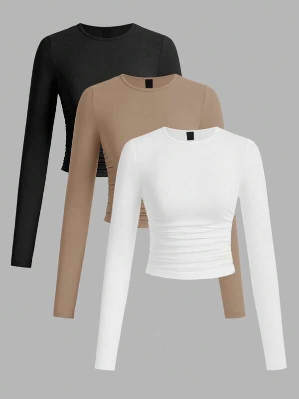 SHEIN EZwear 3pcs/Set Women's Casual Solid Color Crew Neck Ruched Long Sleeve T-Shirts, Autumn/Winter,Fall,Fall Clothes For Women