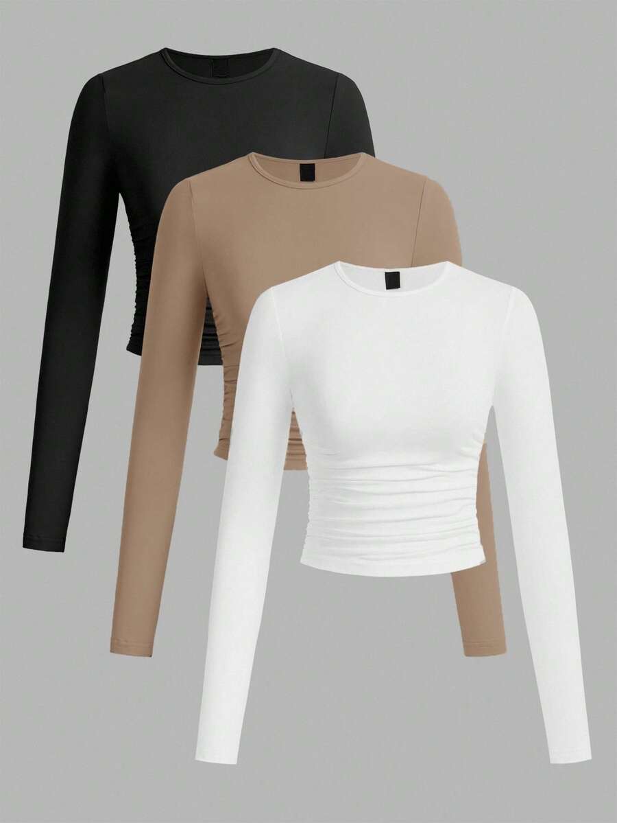 SHEIN EZwear 3件套女士休闲纯色圆领褶皱长袖T恤,秋冬 - 彩色 - 查看 1