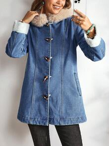 EMERY ROSE Women's Casual Denim Jacket With Fur Collar And Horn Buttons, Autumn/Winter - Blue - View 9