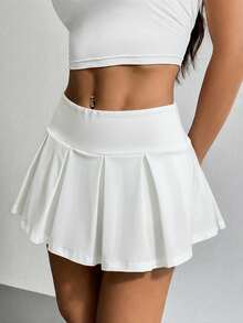 SHEIN EZwear 夏季外出宽腰带腰部喇叭下摆白色迷你裙 - 白色 - 查看 5