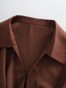 Franclia Women's Shiny Side Ruched Ruffle Collar Blouse, Casual Chic, Minimalist Elegant Style, Suitable For Work Commute Brown Blouses Coffee Brown Top Brown Long Sleeve Top Chocolate Brown Top Brown Shirts For Women - Brown - View 6