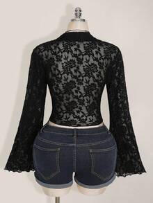 SHEIN ICON 加大码女式生菜边不对称下摆透明喇叭袖单排扣性感衬衫（不含胸罩） - 黑色 - 查看 2