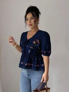 Rafferiza Áo cánh mùa hè in họa tiết hoa cổ chữ V lãng mạn thanh lịch dành cho nữ - Màu xanh hải quân - Xem 4