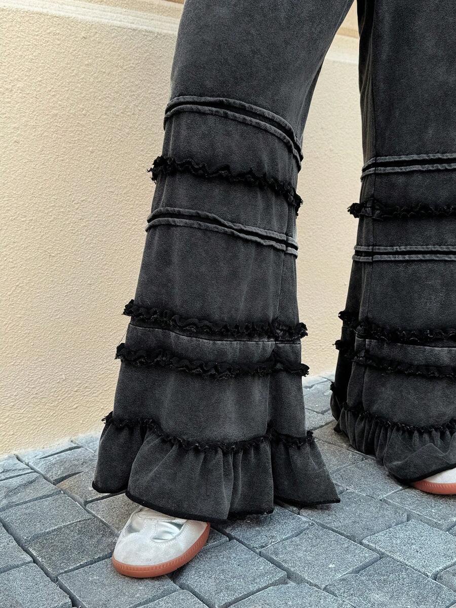 Muchica 秋冬大码休闲水洗荷叶边下摆阔腿裤 - 黑色 - 查看 1