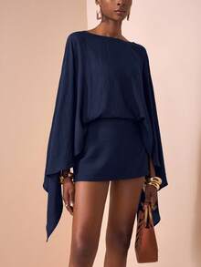 Zivah 2025秋冬新款通勤优雅休闲度假宽松棕色长袖衬衫+短裙两件套，旅行、通勤、聚会、度假、复古风格、购物、宴会、优雅、派对、约会、休闲-A - 藏蓝色 - 查看 7