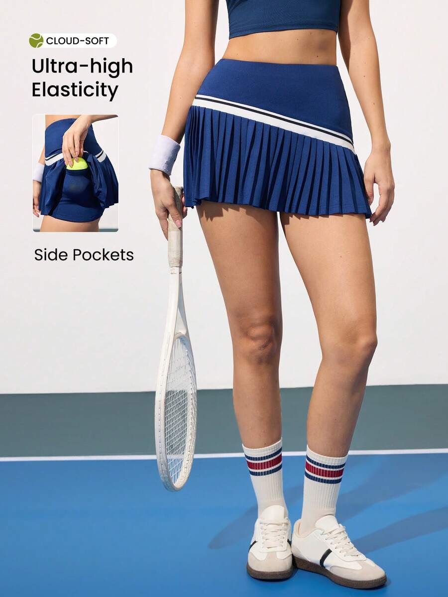 CourtClass 女式条纹褶边休闲健身运动迷你裙 - 藍色 - 查看 1