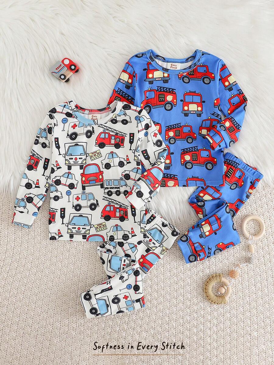 Cozy Pixies 4pcs Baby Boy Snug Fit Pajama Set, Cartoon Car Print Soft Knit Crew Neck Long Sleeve Top And Elastic Waist Long Pants - Blue - View 1