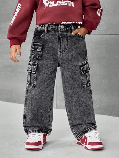小男孩宽松灰色牛仔工装裤