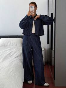 Livesso Women's Casual Striped Shirt Jacket And Straight Leg Pants Suit, Loose Fit Business Casual Office Wear, Autumn/Winter - Dark Wash - View 1