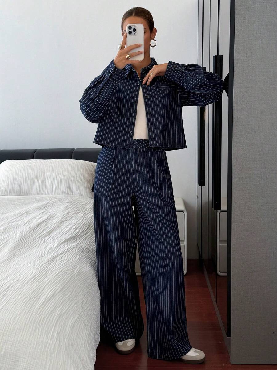 Livesso Women's Casual Striped Shirt Jacket And Straight Leg Pants Suit, Loose Fit Business Casual Office Wear, Autumn/Winter - Dark Wash - View 1