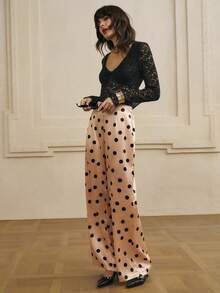 Cévolie 女士复古法式波点缎面休闲阔腿裤百搭秋季新品 - 香檳色 - 查看 5