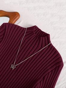 SHEIN Essnce 大码立领合身休闲舒适弹力毛衣裙 - 酒紅色 - 查看 3