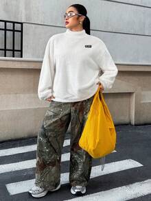 SHEIN EZwear 大码羊毛字母贴花落肩高领保暖运动衫，秋冬 - 白色 - 查看 5