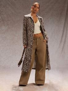 SHEIN Glamour 女式复古豹纹长款休闲夹克，秋冬豹纹休闲外套，适合日常穿着 - 彩色 - 查看 3