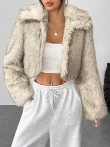 SHEIN PETITE Chaqueta de mujer de piel sintética degradada, estilo corto, cálida y adecuada para otoño e invierno - Albaricoque - Ver 7