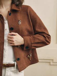 Cévolie 女式花卉串珠休闲宽松单排扣蝙蝠袖夹克 - 咖啡棕 - 查看 7
