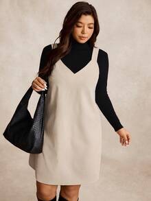 SHEIN LUNE Plus Size Casual Solid Color Sleeveless Dress - Beige - View 4