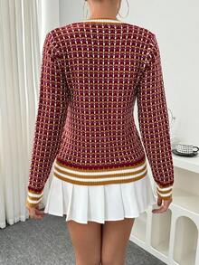 Elenzga 女式格子条纹长袖休闲针织开衫，秋冬 - 紅木色 - 查看 2