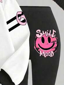 Slaydiva Conjunto de sudadera de cuello redondo y leggings de estilo casual de calle para mujer en otoño/invierno, de vuelta al colegio, estilo Y2K, ropa, estilo de calle, con gráfico de cara rosa
