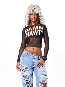 SUMWON WOMEN Sheer Mesh Long Sleeve Crop Top With Bold Statement Print For Night Out Party - Black - View 4