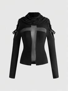 ROMWE Goth Gotisk korsad mesh, transparent spetsmönster, off-shoulder-topp med polotröja och bodycon för kvinnor - Svart - Visa 1