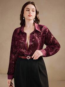 Anewsta Áo sơ mi nữ cỡ lớn màu đỏ vintage, chất liệu nhung, thiết kế họa tiết cháy xém, dáng rộng, thích hợp cho trang phục lễ hội, ngày Valentine, hoặc đi nghỉ mát. - Đỏ - Xem 3